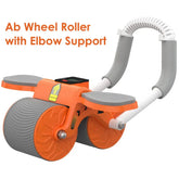 Aura Fit orange ab wheel roller with elbow support, dual wheels, and digital counter