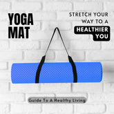 AuraFit Blue yoga mat with black straps on a white brick wall background, promoting a healthier lifestyle.
