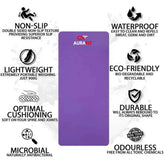 Purple yoga mat with Aura Fit logo and features listed on a white background