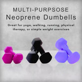 AuraFit Neoprene dumbbells in purple and black on a gray background with text about their uses.