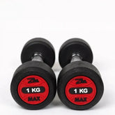 AuraFit rubber coated dumbbells showing knurled steel handle grip detail