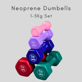 Set of colorful AuraFit neoprene dumbbells with weights on a light gray background