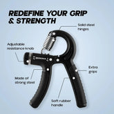 Adjustable hand grip strengthener with steel spring, black handles, and labeled features from Aura Fit Pakistan.