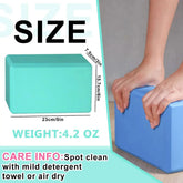 Blue AuraFit High-Density EVA Foam Yoga Block with dimensions and weight information displayed on a white background.