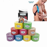 Stack of colorful kinesiology tapes with a person applying tape to their shoulder.