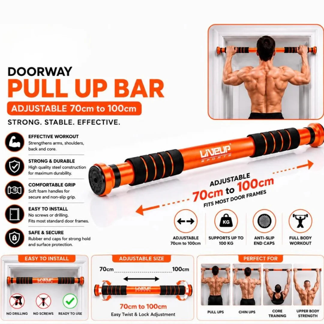 AuraFit Liveup Door Pull-Up & Chin-Up Bar | Adjustable 70-100cm | No-Drill Tool-Free Installation