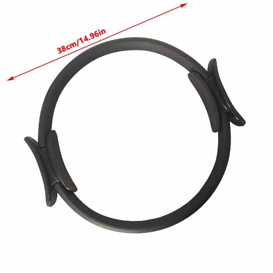 Black AuraFit Pilates Ring | High-Resistance Magic Circle on a white background, showing measurement details.