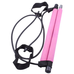 Pink AuraFit portable Pilates studio kit with black straps on a white background