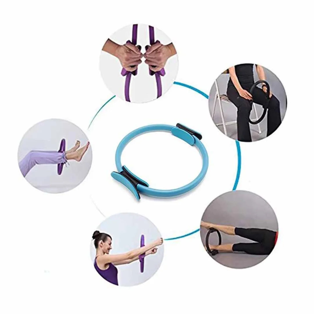 AuraFit Pilates Ring | High-Resistance Magic Circle Yoga ring with various exercises demonstrated on a white background