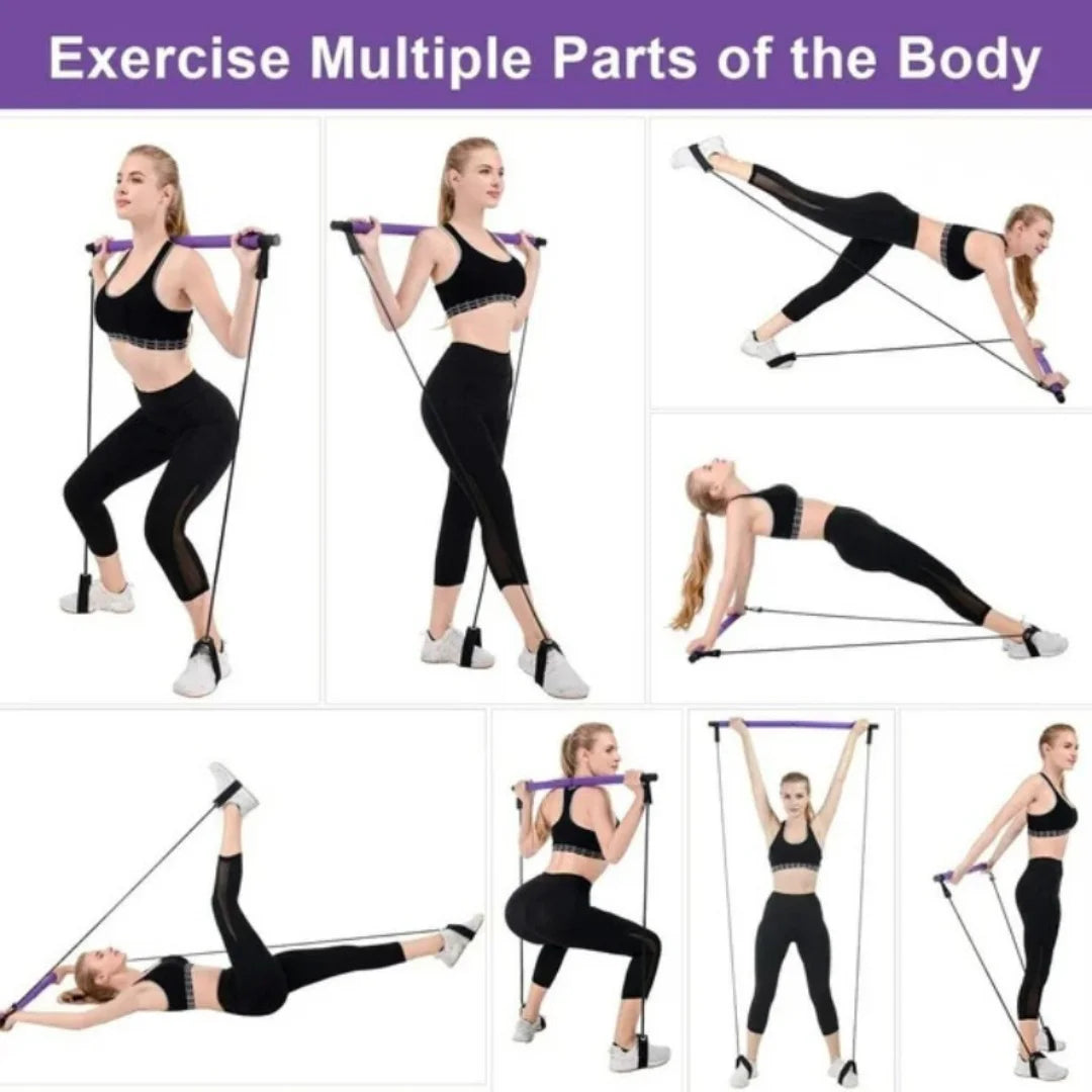 Woman demonstrating various exercises using AuraFit portable Pilates studio kit on a white background.