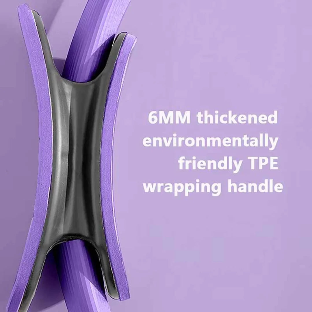6MM thick environmentally friendly TPE wrapping handle for AuraFit Pilates Ring | High-Resistance Magic Circle on a purple background with text.