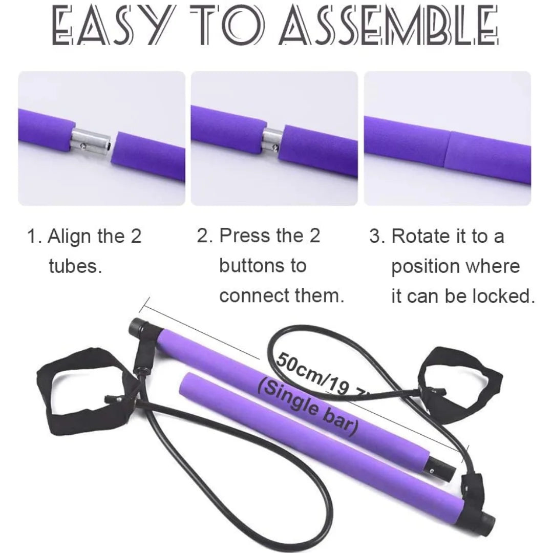 Purple AuraFit portable Pilates studio kit with assembly instructions on a white background