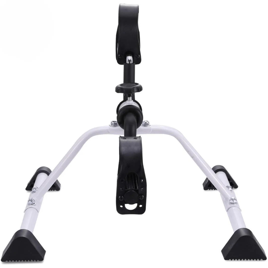Portable pedal exerciser for home fitness, sturdy metal frame and black foot straps