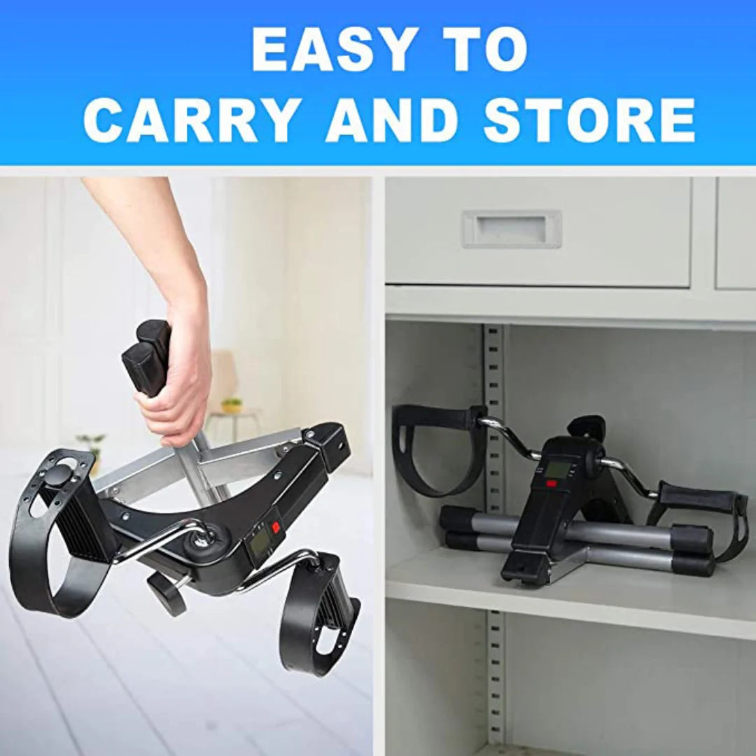 Compact Aura Fit mini exercise bike with digital display, easy to carry and store, fitness gear.