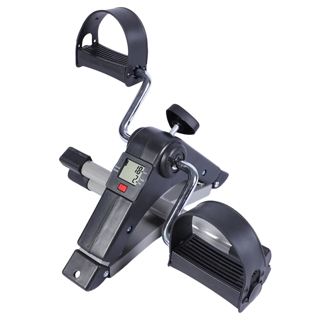 Portable mini exercise bike with digital display, black pedals, and steel frame from AuraFit