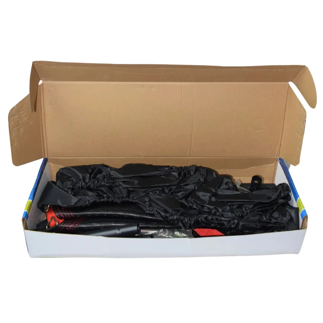 Heavy-duty fitness rebounder folded in half for compact under-bed storage.