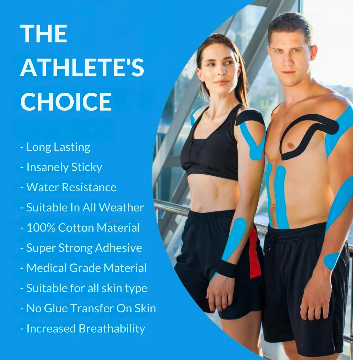 Two people wearing athletic tape with product features listed on a blue background