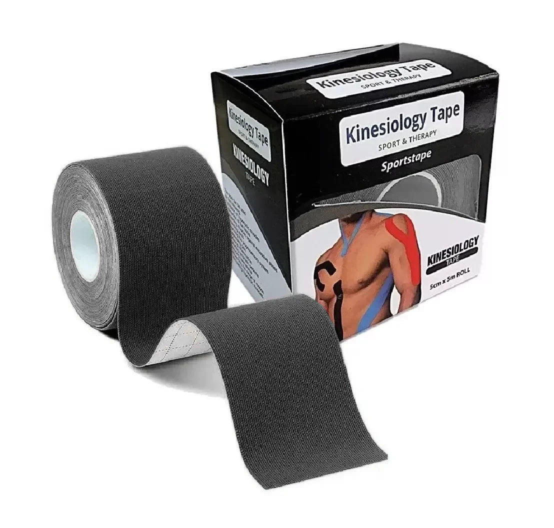 Roll of Black kinesiology tape with packaging on a white background