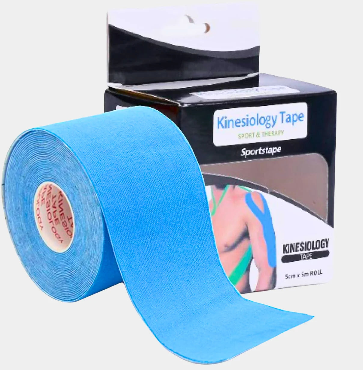 Roll of blue kinesiology tape with packaging on a white background