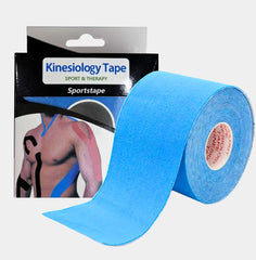 Roll of blue kinesiology tape with packaging on a white background