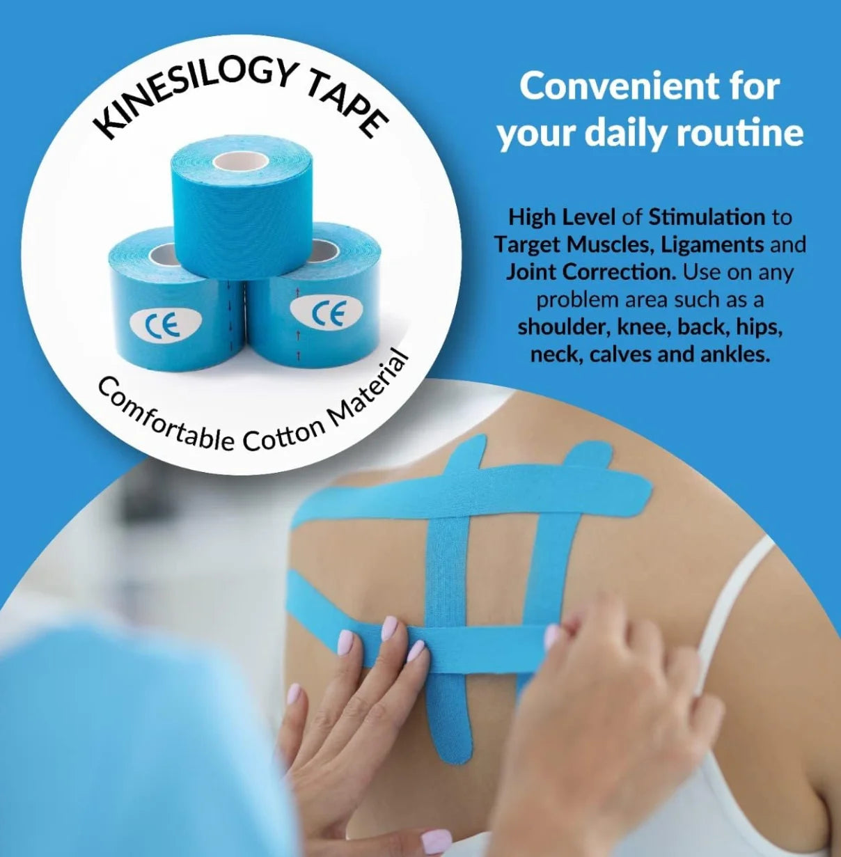 Kinesiology tape with a person applying it on back against a blue background
