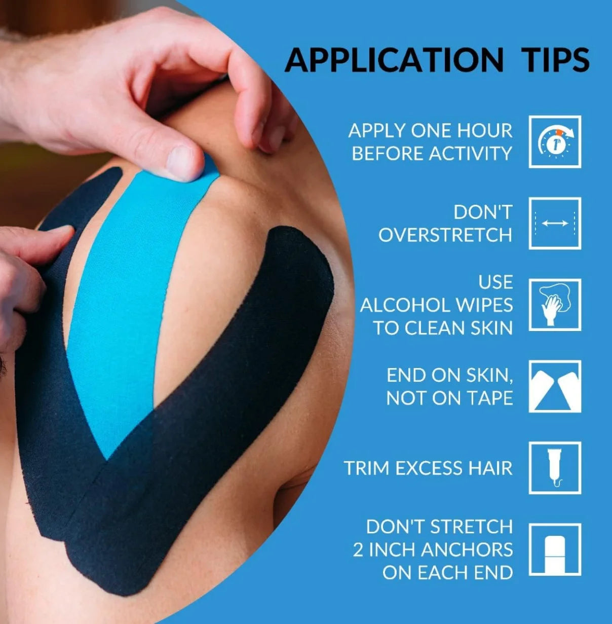 Kinesiology tape application on a person's shoulder with application tips on a blue background