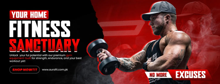AuraFit main desktop homepage banner displaying premium exercise equipment and home gym accessories with a dark red athletic background.