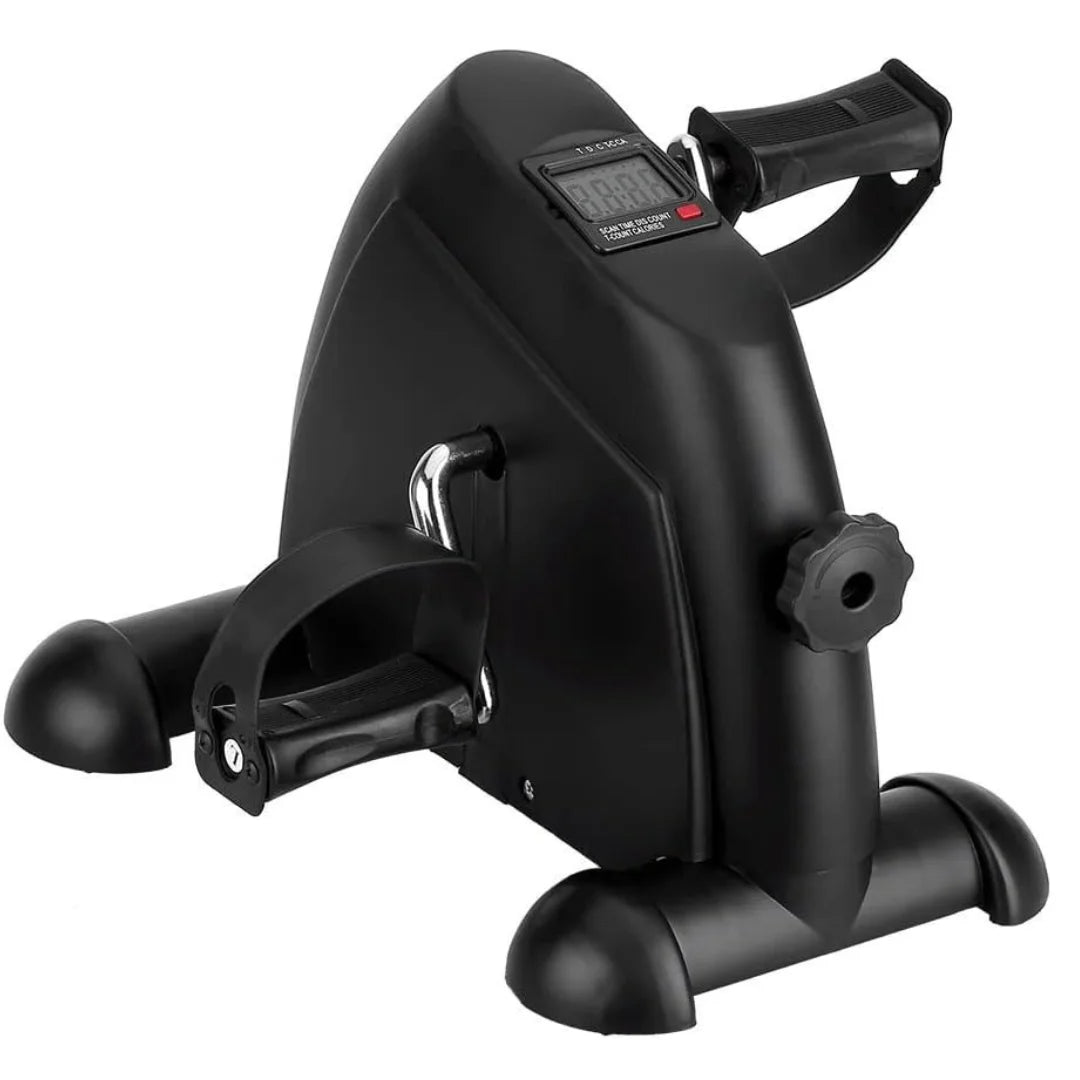 Compact black mini exercise bike with pedals and digital display, Aura Fit fitness equipment