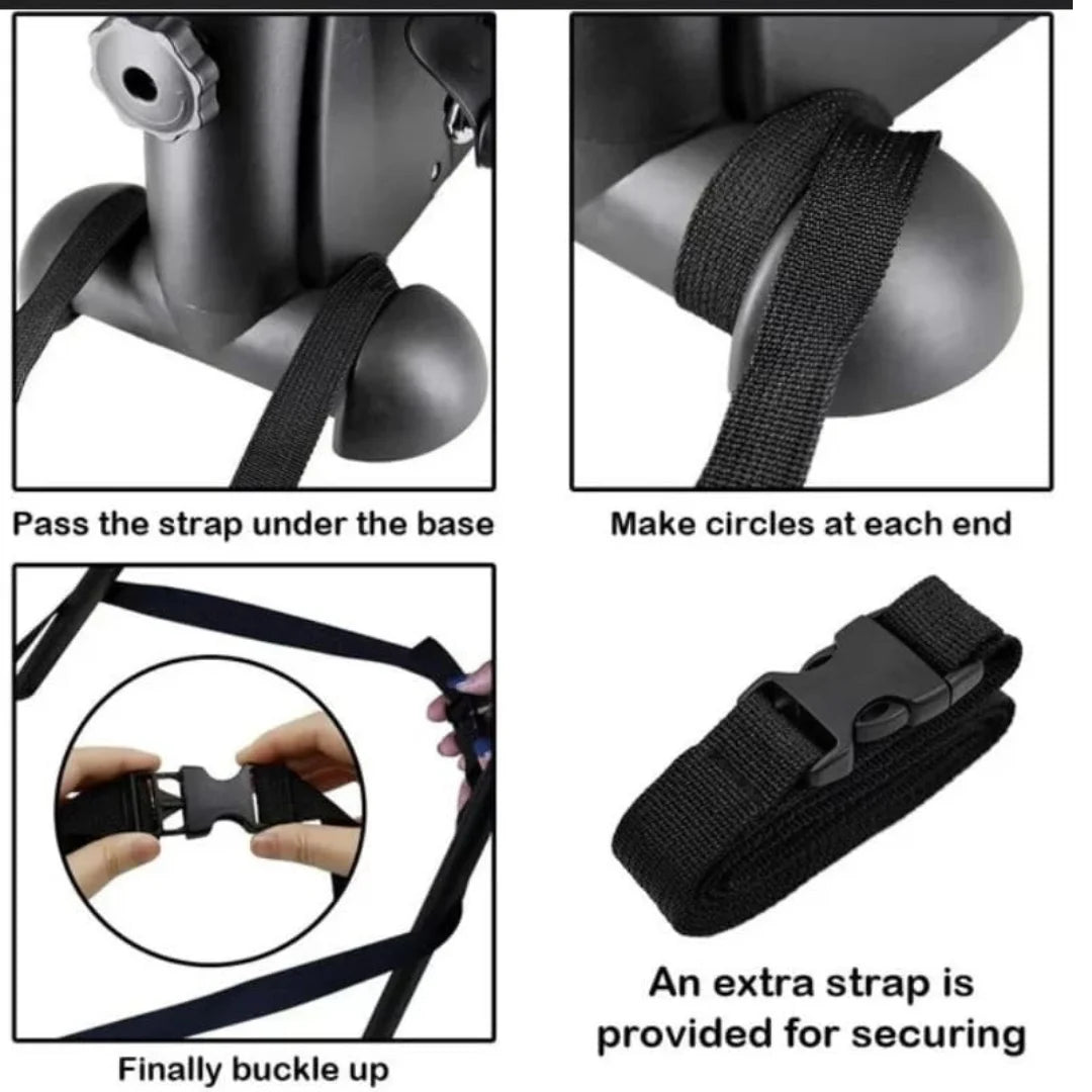 Step-by-step guide to securing gym equipment with a black strap and buckle, AuraFit Pakistan.
