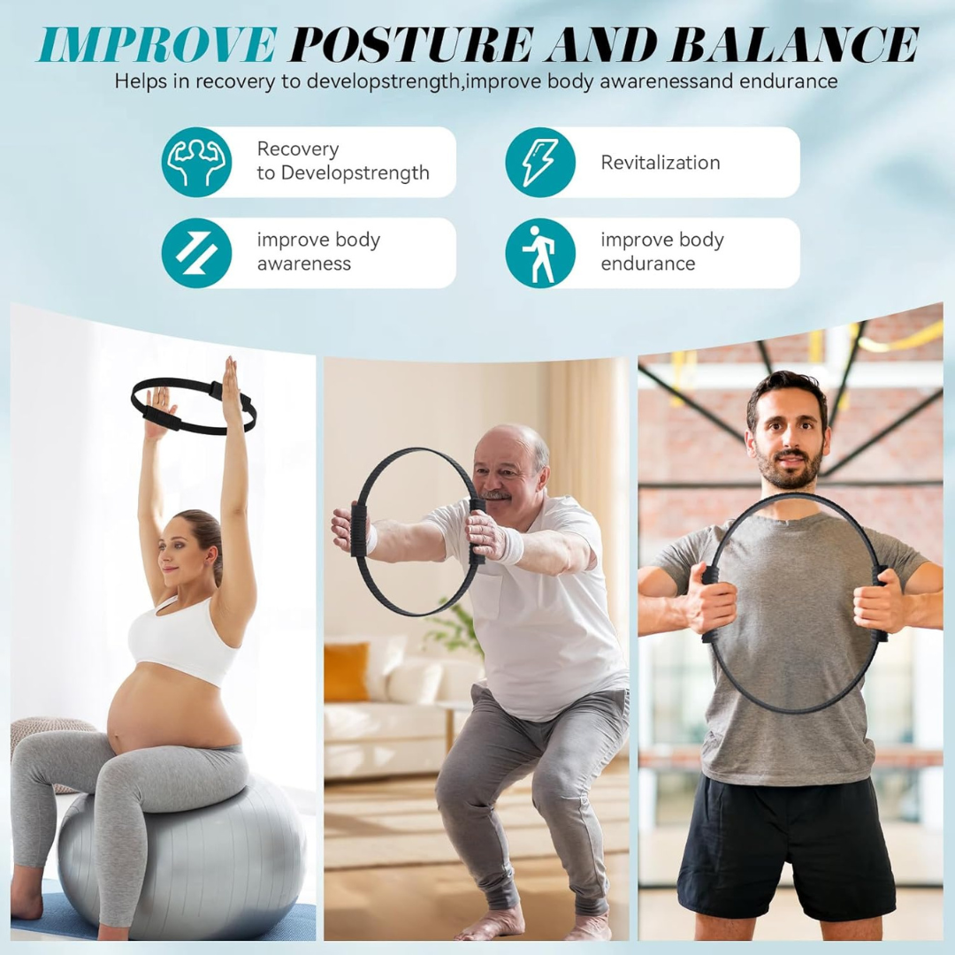 People using exercise rings with text on improving posture, balance, strength, and awareness.