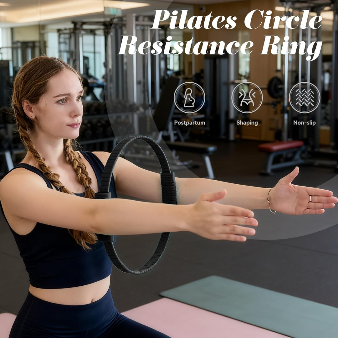 Woman using a Pilates circle resistance ring in a gym setting with text overlay about its uses.