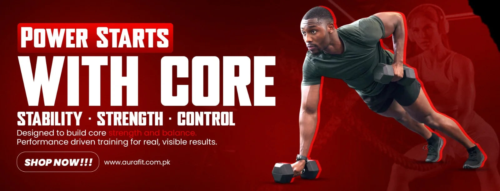 AuraFit Weights and Dumbbells promotional collection banner featuring non-roll rubber coated weights, vinyl cast iron kettlebells, and adjustable ankle weights for strength training.