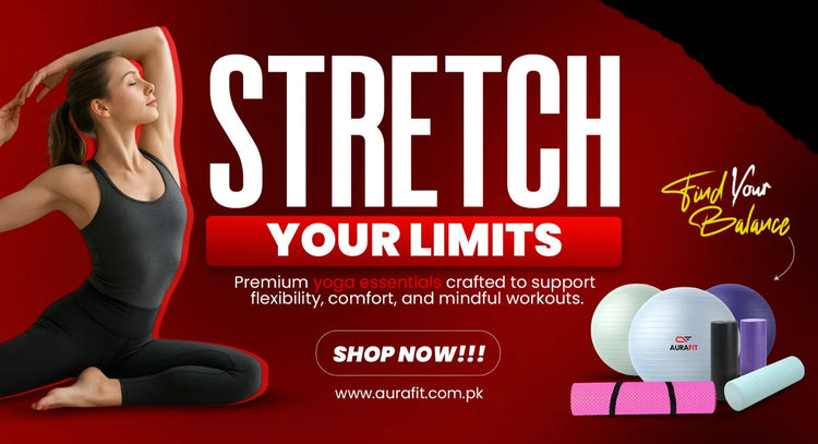 AuraFit Yoga Accessories collection banner displaying high-density eco-friendly yoga mats, EVA foam blocks, yoga wheels, and core stability gym balls for pilates and home workouts.