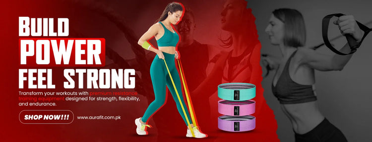 AuraFit Strength Training section desktop banner featuring heavy-duty fitness gear and workout equipment for home gyms.